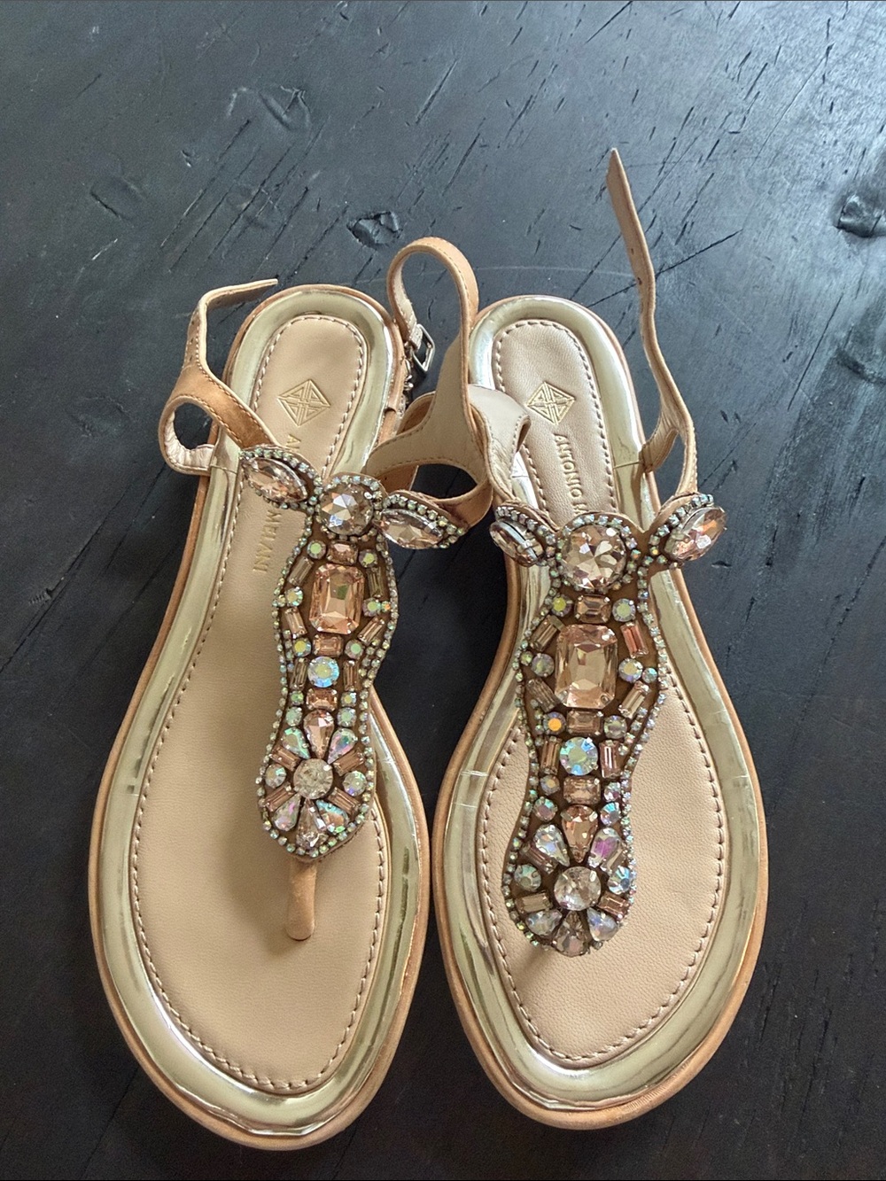 ANTONIO MELANI Tan Embellished T-Strap Slingback Sandals